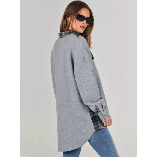 imageANRABESS Womens Waffle Knit Plaid Shacket Boyfriend Button Down Shirt Jacket Loose Long Sleeve TopsA Gray