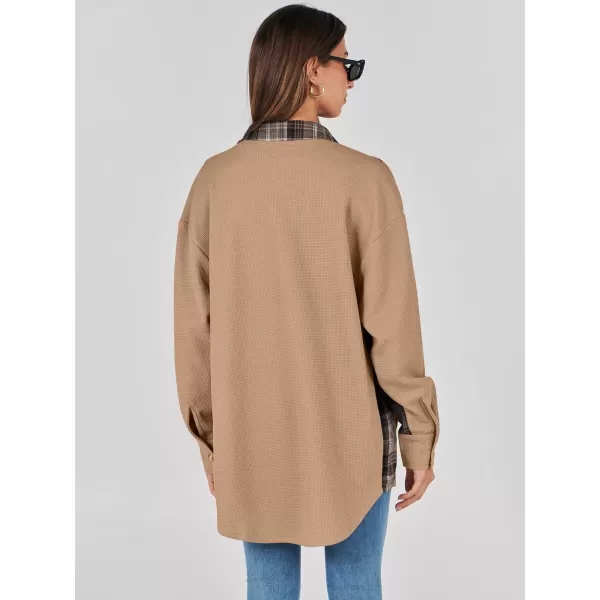 imageANRABESS Womens Waffle Knit Plaid Shacket Boyfriend Button Down Shirt Jacket Loose Long Sleeve TopsA Khaki