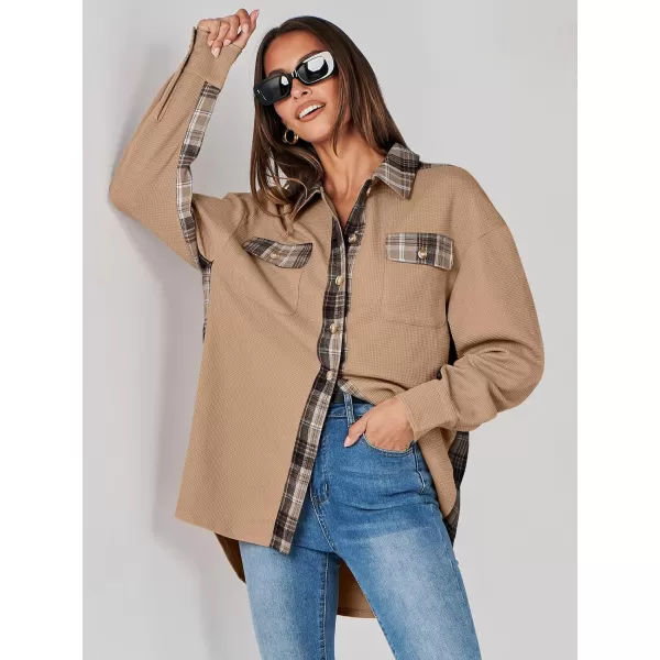imageANRABESS Womens Waffle Knit Plaid Shacket Boyfriend Button Down Shirt Jacket Loose Long Sleeve TopsA Khaki