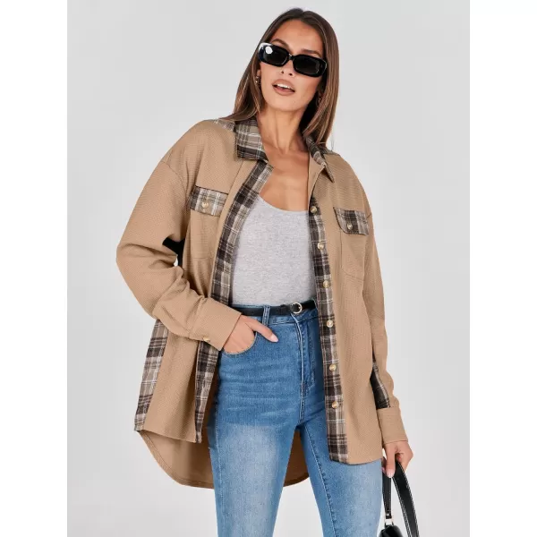 imageANRABESS Womens Waffle Knit Plaid Shacket Boyfriend Button Down Shirt Jacket Loose Long Sleeve TopsA Khaki