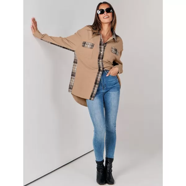 imageANRABESS Womens Waffle Knit Plaid Shacket Boyfriend Button Down Shirt Jacket Loose Long Sleeve TopsA Khaki