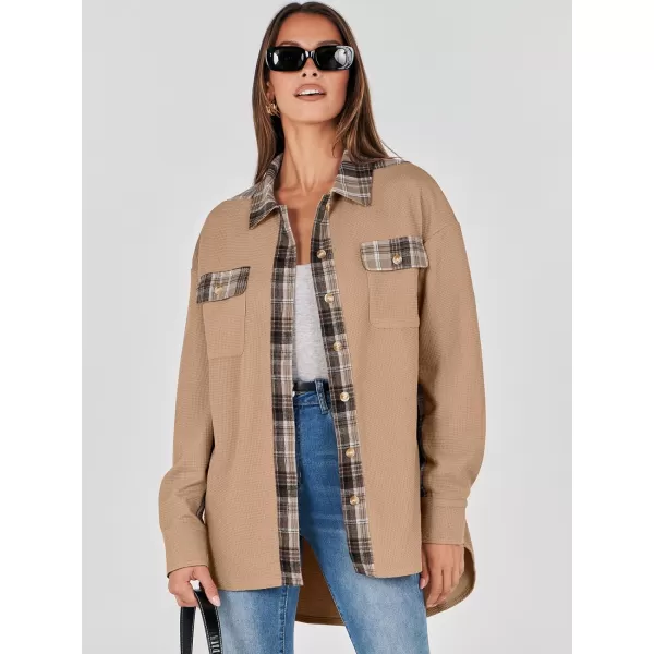imageANRABESS Womens Waffle Knit Plaid Shacket Boyfriend Button Down Shirt Jacket Loose Long Sleeve TopsA Khaki
