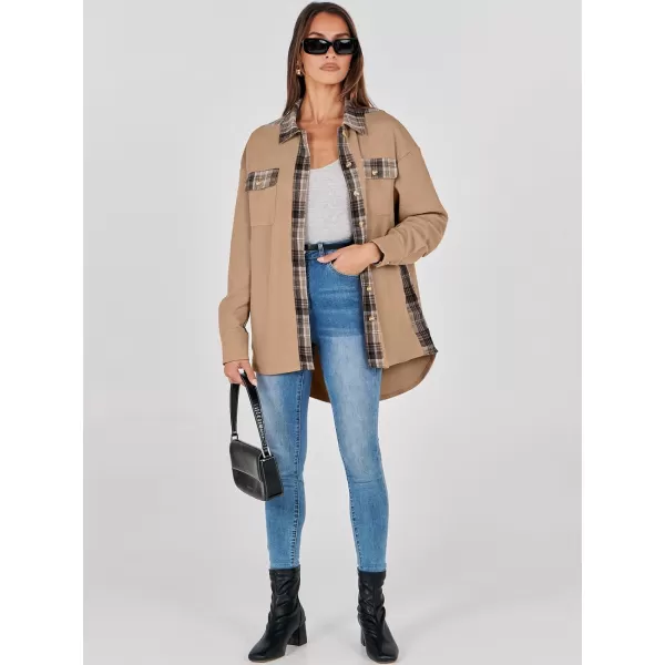 imageANRABESS Womens Waffle Knit Plaid Shacket Boyfriend Button Down Shirt Jacket Loose Long Sleeve TopsA Khaki