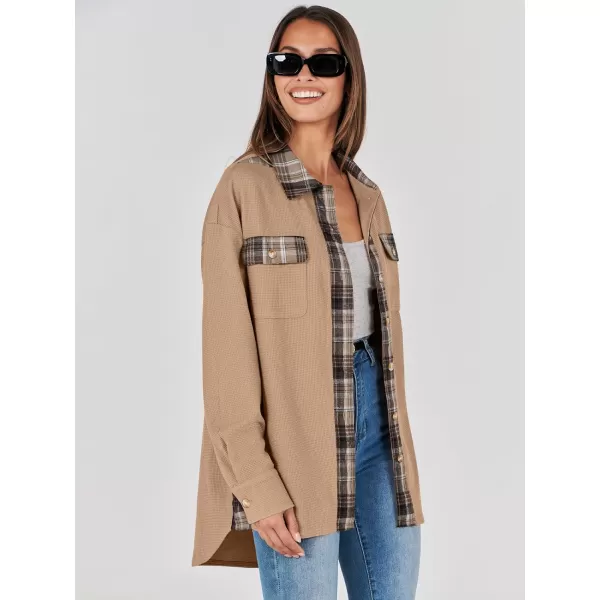 imageANRABESS Womens Waffle Knit Plaid Shacket Boyfriend Button Down Shirt Jacket Loose Long Sleeve TopsA Khaki