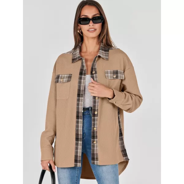 imageANRABESS Womens Waffle Knit Plaid Shacket Boyfriend Button Down Shirt Jacket Loose Long Sleeve TopsA Khaki