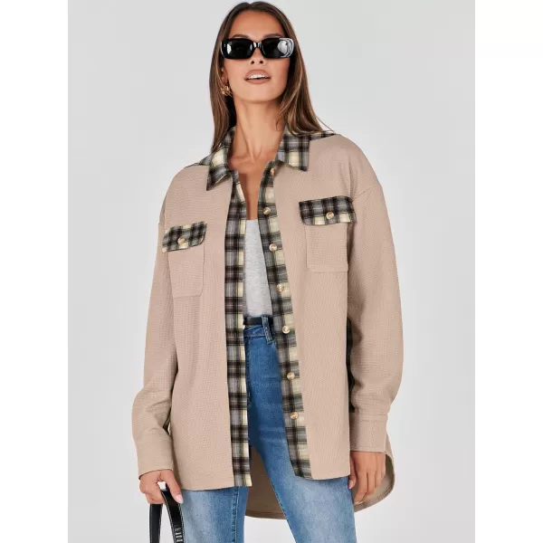 imageANRABESS Womens Waffle Knit Plaid Shacket Boyfriend Button Down Shirt Jacket Loose Long Sleeve TopsA Light Brown