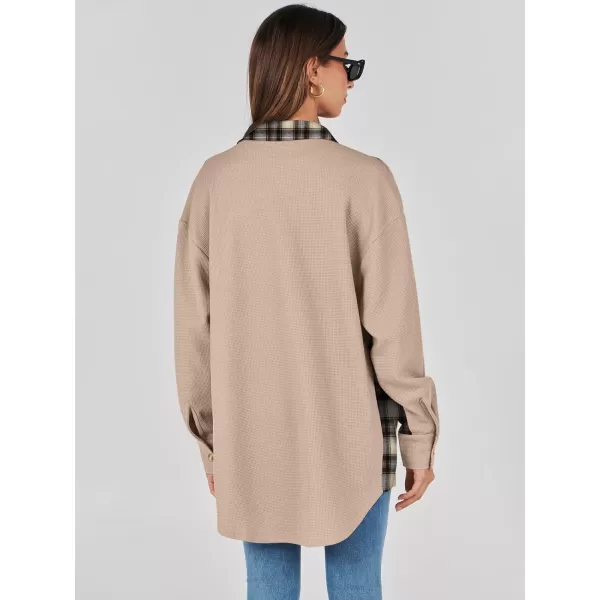imageANRABESS Womens Waffle Knit Plaid Shacket Boyfriend Button Down Shirt Jacket Loose Long Sleeve TopsA Light Brown