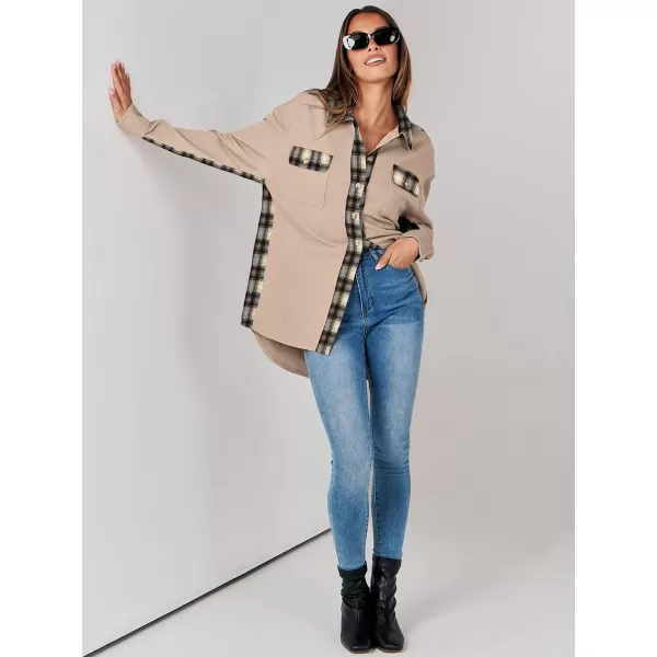 imageANRABESS Womens Waffle Knit Plaid Shacket Boyfriend Button Down Shirt Jacket Loose Long Sleeve TopsA Light Brown