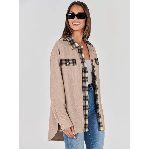 imageANRABESS Womens Waffle Knit Plaid Shacket Boyfriend Button Down Shirt Jacket Loose Long Sleeve TopsA Light Brown