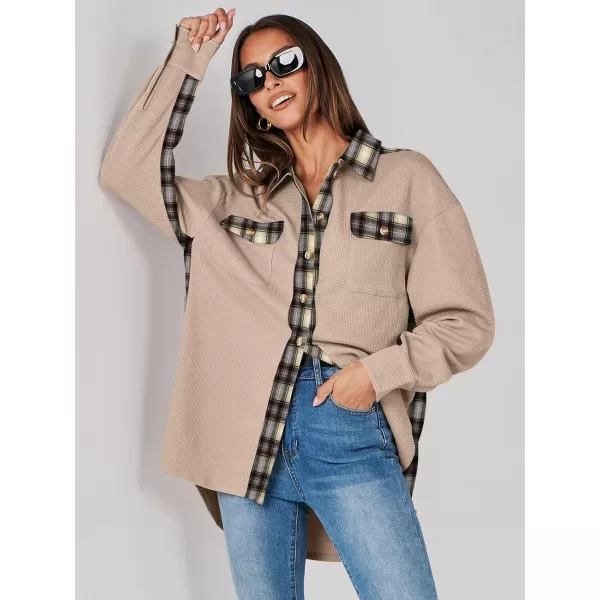 imageANRABESS Womens Waffle Knit Plaid Shacket Boyfriend Button Down Shirt Jacket Loose Long Sleeve TopsA Light Brown