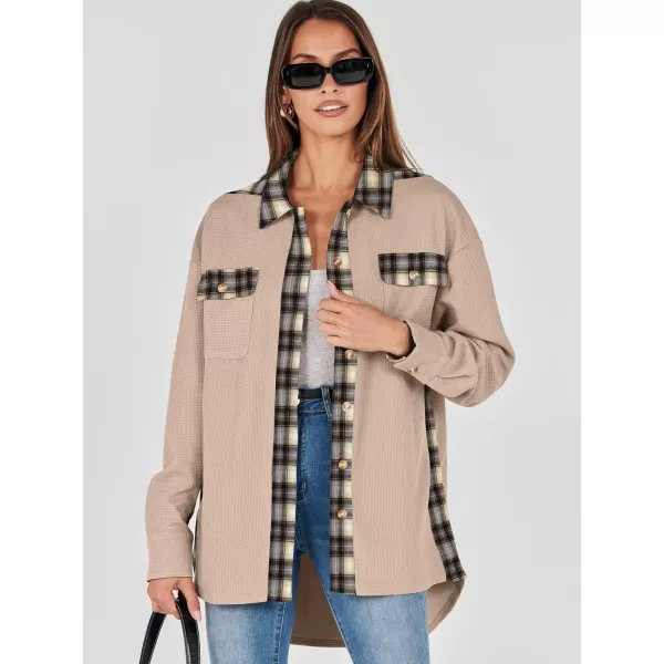 imageANRABESS Womens Waffle Knit Plaid Shacket Boyfriend Button Down Shirt Jacket Loose Long Sleeve TopsA Light Brown