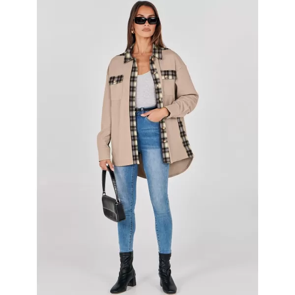 imageANRABESS Womens Waffle Knit Plaid Shacket Boyfriend Button Down Shirt Jacket Loose Long Sleeve TopsA Light Brown