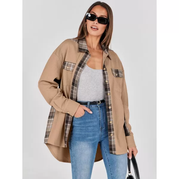 imageANRABESS Womens Waffle Knit Plaid Shacket Boyfriend Button Down Shirt Jacket Loose Long Sleeve TopsA Light Brown
