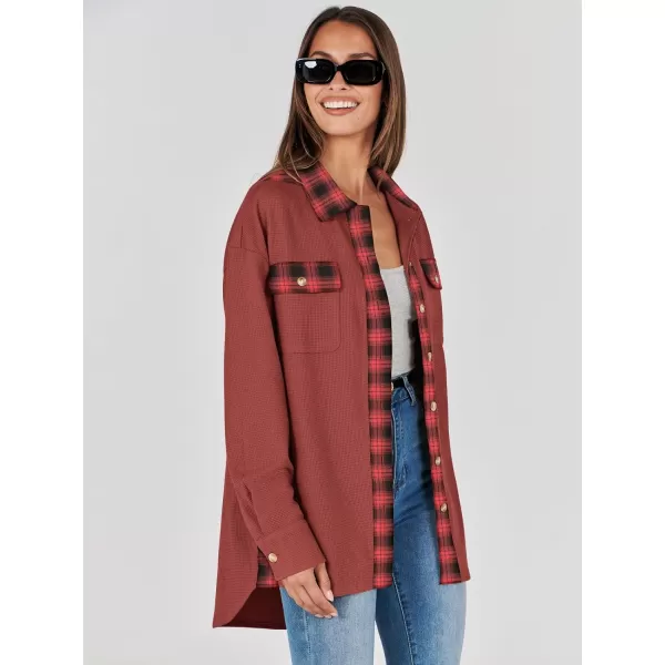 imageANRABESS Womens Waffle Knit Plaid Shacket Boyfriend Button Down Shirt Jacket Loose Long Sleeve TopsA Rust
