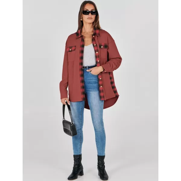 imageANRABESS Womens Waffle Knit Plaid Shacket Boyfriend Button Down Shirt Jacket Loose Long Sleeve TopsA Rust