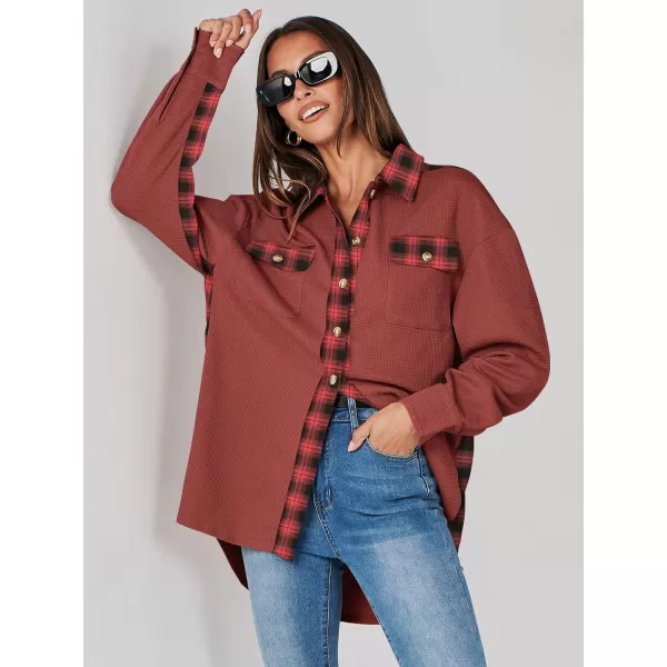 imageANRABESS Womens Waffle Knit Plaid Shacket Boyfriend Button Down Shirt Jacket Loose Long Sleeve TopsA Rust