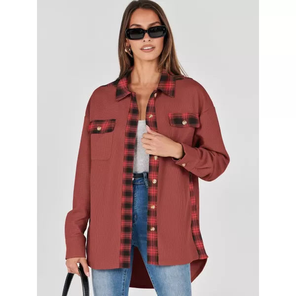 imageANRABESS Womens Waffle Knit Plaid Shacket Boyfriend Button Down Shirt Jacket Loose Long Sleeve TopsA Rust