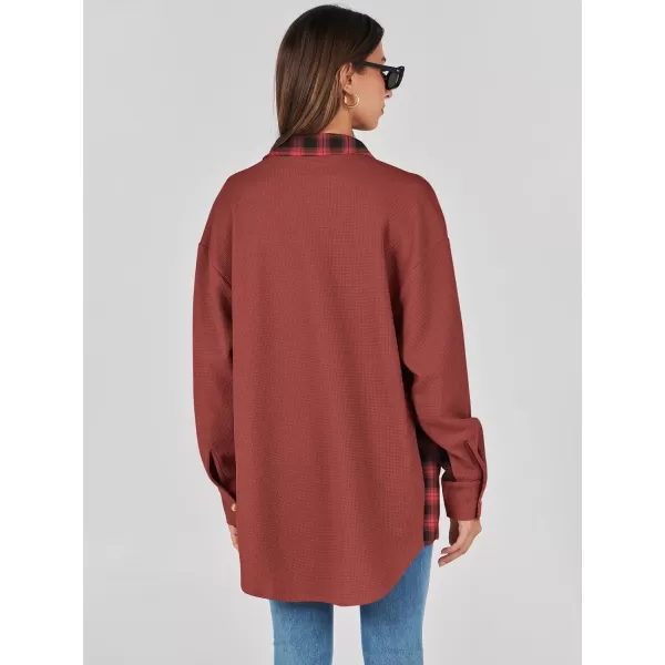 imageANRABESS Womens Waffle Knit Plaid Shacket Boyfriend Button Down Shirt Jacket Loose Long Sleeve TopsA Rust