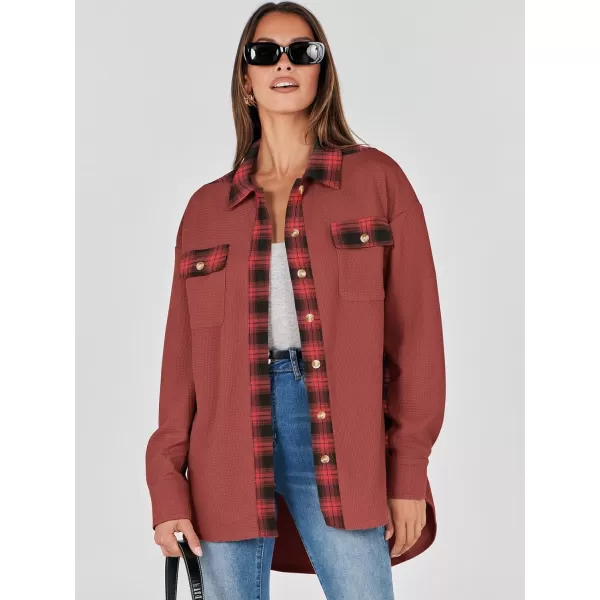 imageANRABESS Womens Waffle Knit Plaid Shacket Boyfriend Button Down Shirt Jacket Loose Long Sleeve TopsA Rust