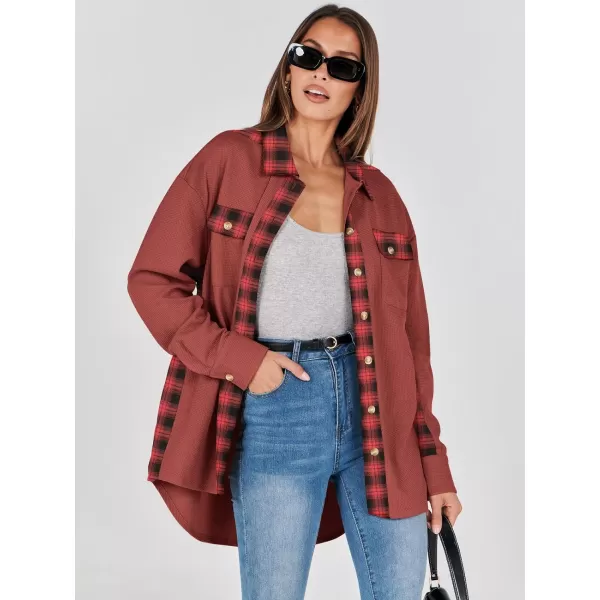 imageANRABESS Womens Waffle Knit Plaid Shacket Boyfriend Button Down Shirt Jacket Loose Long Sleeve TopsA Rust