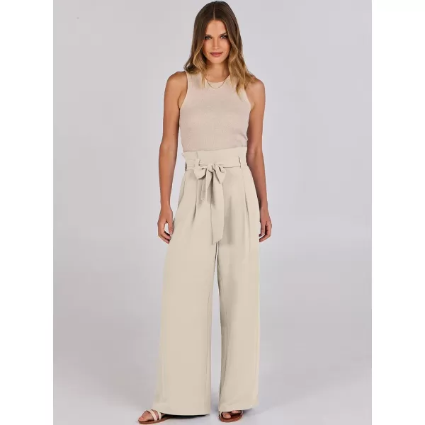 imageANRABESS Womens Wide Leg Palazzo Pants Belted High Waisted Business Casual Long Trousers with PocketsBeige
