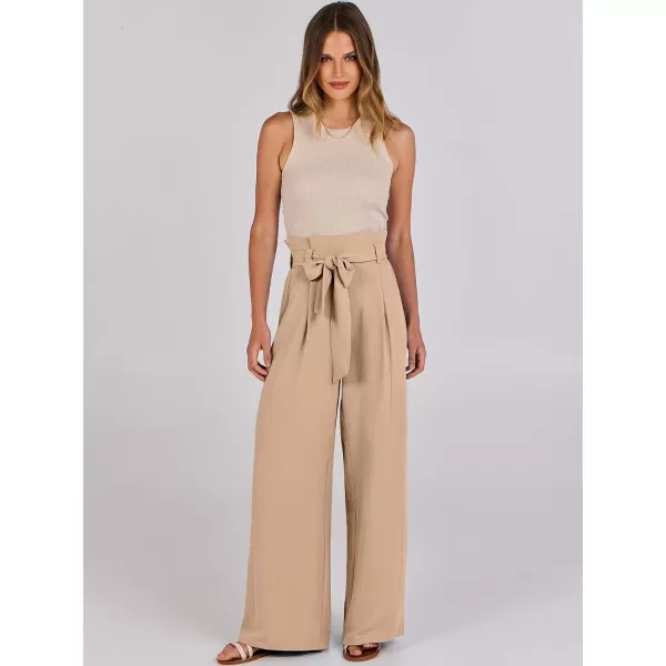 imageANRABESS Womens Wide Leg Palazzo Pants Belted High Waisted Business Casual Long Trousers with PocketsKhaki