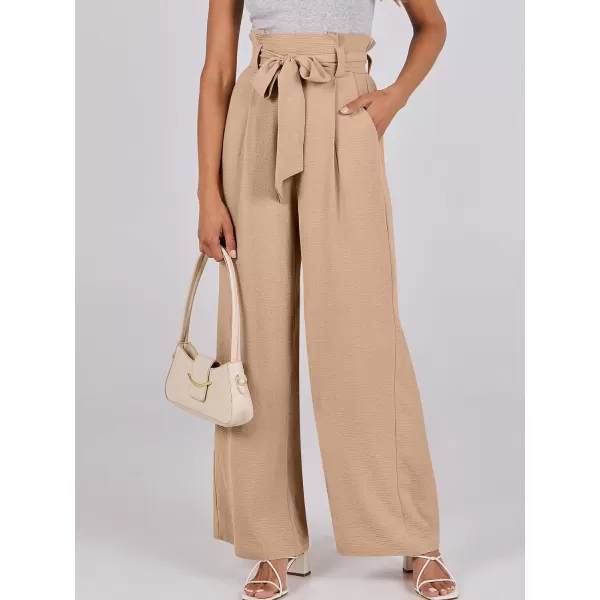 imageANRABESS Womens Wide Leg Palazzo Pants Belted High Waisted Business Casual Long Trousers with PocketsKhaki