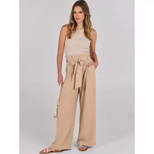imageANRABESS Womens Wide Leg Palazzo Pants Belted High Waisted Business Casual Long Trousers with PocketsKhaki