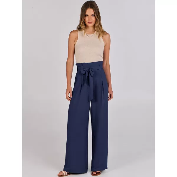imageANRABESS Womens Wide Leg Palazzo Pants Belted High Waisted Business Casual Long Trousers with PocketsNavy Blue