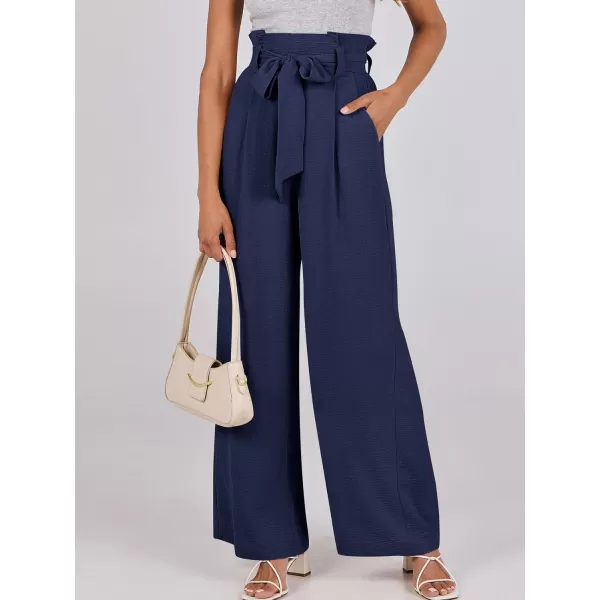 imageANRABESS Womens Wide Leg Palazzo Pants Belted High Waisted Business Casual Long Trousers with PocketsNavy Blue
