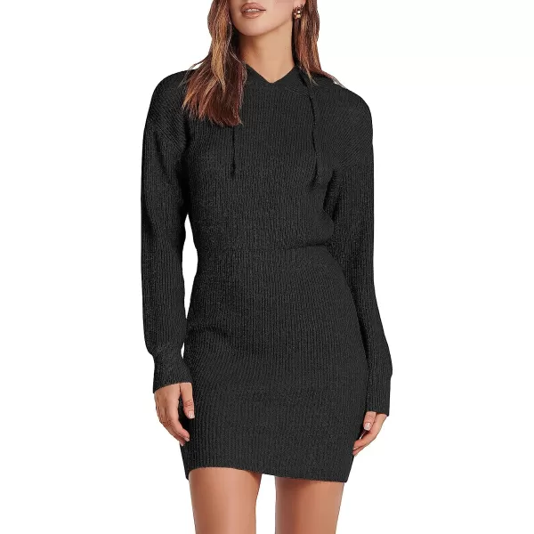 imageANRABESS Womens Winter Rib Knit Pullover Sweater 2023 Fashion Fall Dresses Long Sleeve Hooded Bodycon DressBlack