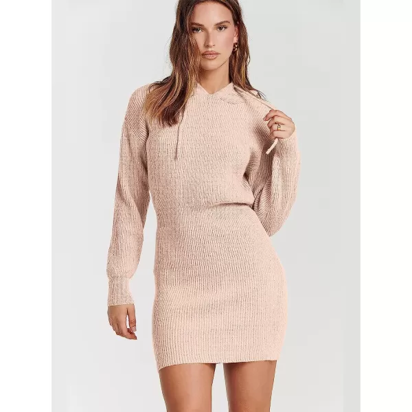 imageANRABESS Womens Winter Rib Knit Pullover Sweater 2023 Fashion Fall Dresses Long Sleeve Hooded Bodycon DressPink