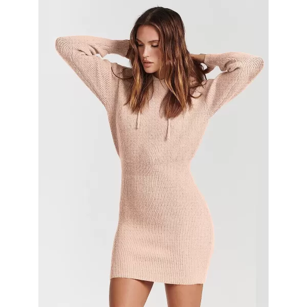 imageANRABESS Womens Winter Rib Knit Pullover Sweater 2023 Fashion Fall Dresses Long Sleeve Hooded Bodycon DressPink