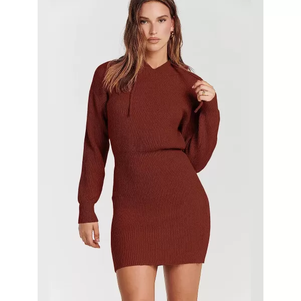 imageANRABESS Womens Winter Rib Knit Pullover Sweater 2023 Fashion Fall Dresses Long Sleeve Hooded Bodycon DressRust
