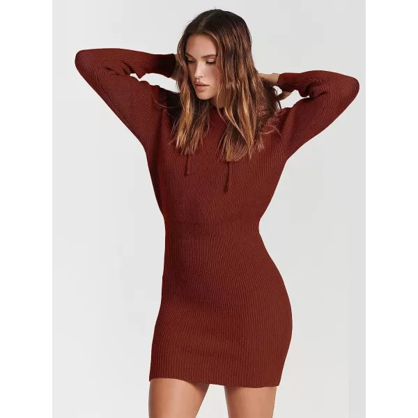 imageANRABESS Womens Winter Rib Knit Pullover Sweater 2023 Fashion Fall Dresses Long Sleeve Hooded Bodycon DressRust