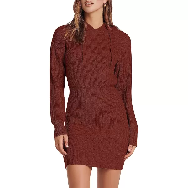 imageANRABESS Womens Winter Rib Knit Pullover Sweater 2023 Fashion Fall Dresses Long Sleeve Hooded Bodycon DressRust