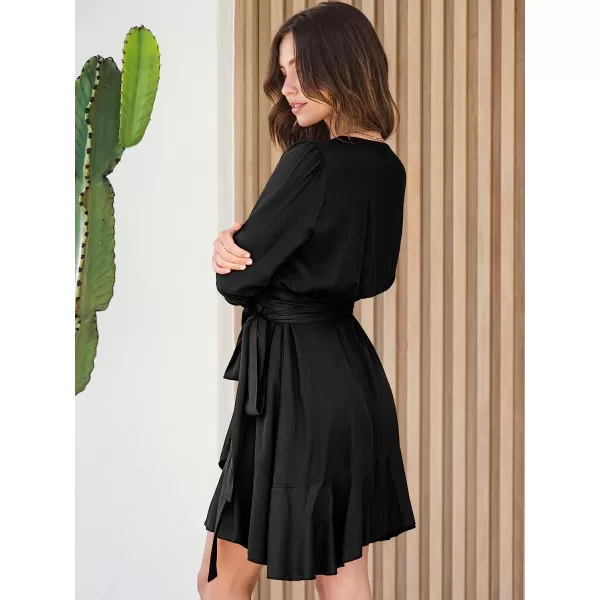 imageANRABESS Womens Wrap Dress V Neck Long Sleeve Ruffle Short Dresses with BeltBlack
