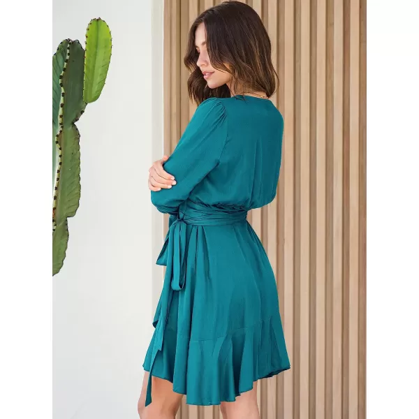imageANRABESS Womens Wrap Dress V Neck Long Sleeve Ruffle Short Dresses with BeltCyan Blue