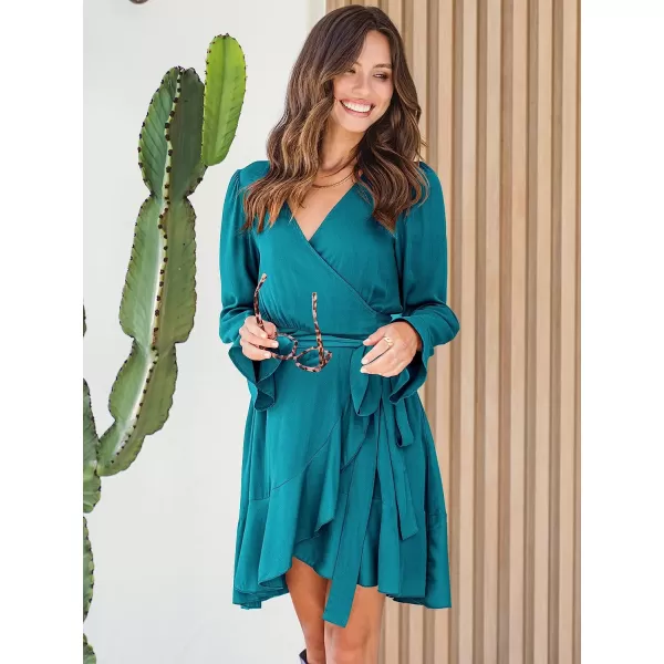 imageANRABESS Womens Wrap Dress V Neck Long Sleeve Ruffle Short Dresses with BeltCyan Blue