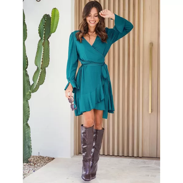 imageANRABESS Womens Wrap Dress V Neck Long Sleeve Ruffle Short Dresses with BeltCyan Blue