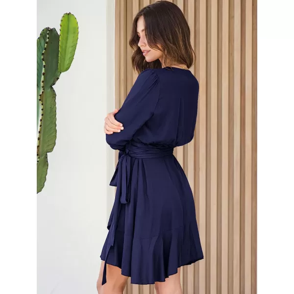 imageANRABESS Womens Wrap Dress V Neck Long Sleeve Ruffle Short Dresses with BeltDark Blue