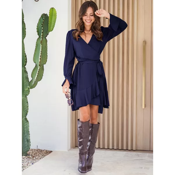 imageANRABESS Womens Wrap Dress V Neck Long Sleeve Ruffle Short Dresses with BeltDark Blue