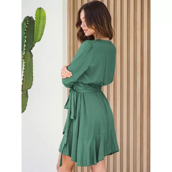 imageANRABESS Womens Wrap Dress V Neck Long Sleeve Ruffle Short Dresses with BeltGreen