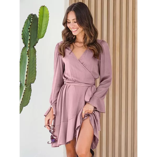 imageANRABESS Womens Wrap Dress V Neck Long Sleeve Ruffle Short Dresses with BeltPink
