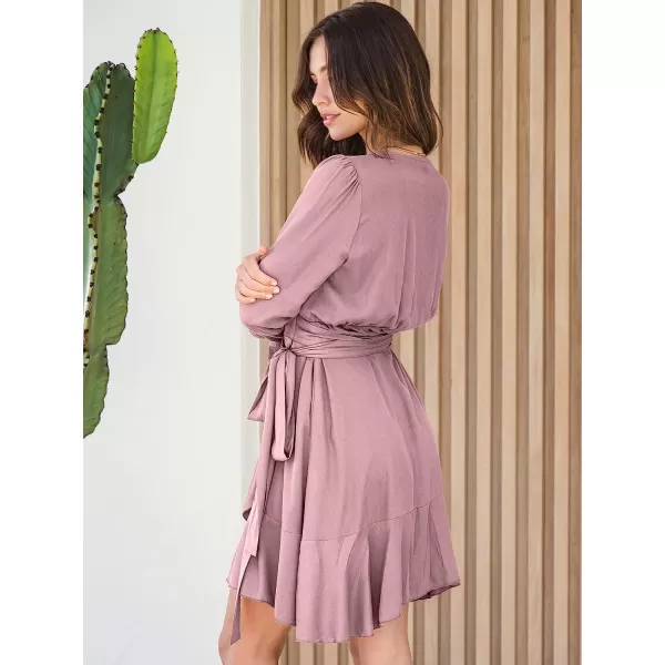 imageANRABESS Womens Wrap Dress V Neck Long Sleeve Ruffle Short Dresses with BeltPink