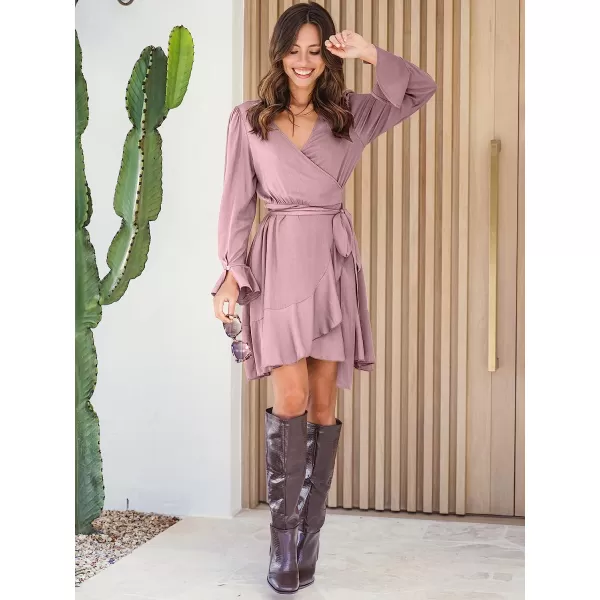 imageANRABESS Womens Wrap Dress V Neck Long Sleeve Ruffle Short Dresses with BeltPink