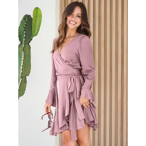 imageANRABESS Womens Wrap Dress V Neck Long Sleeve Ruffle Short Dresses with BeltPink