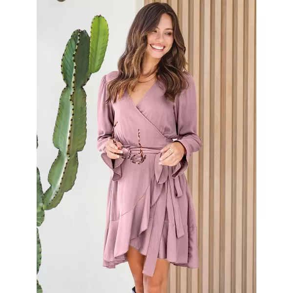imageANRABESS Womens Wrap Dress V Neck Long Sleeve Ruffle Short Dresses with BeltPink