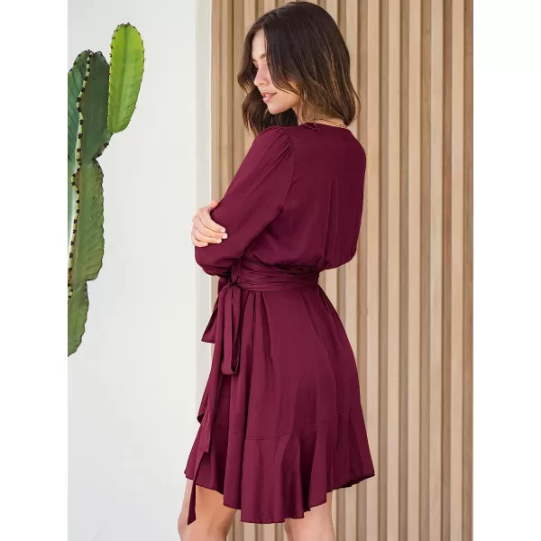 imageANRABESS Womens Wrap Dress V Neck Long Sleeve Ruffle Short Dresses with BeltRed