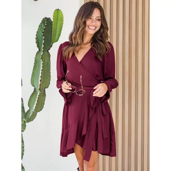 imageANRABESS Womens Wrap Dress V Neck Long Sleeve Ruffle Short Dresses with BeltRed